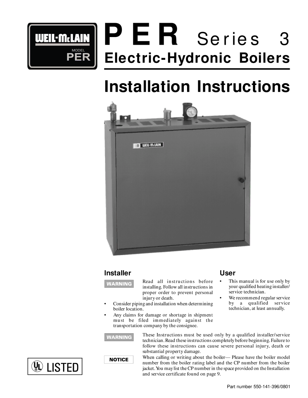 Weil-McLain 550-141-396/0801 installation instructions Installer, User 