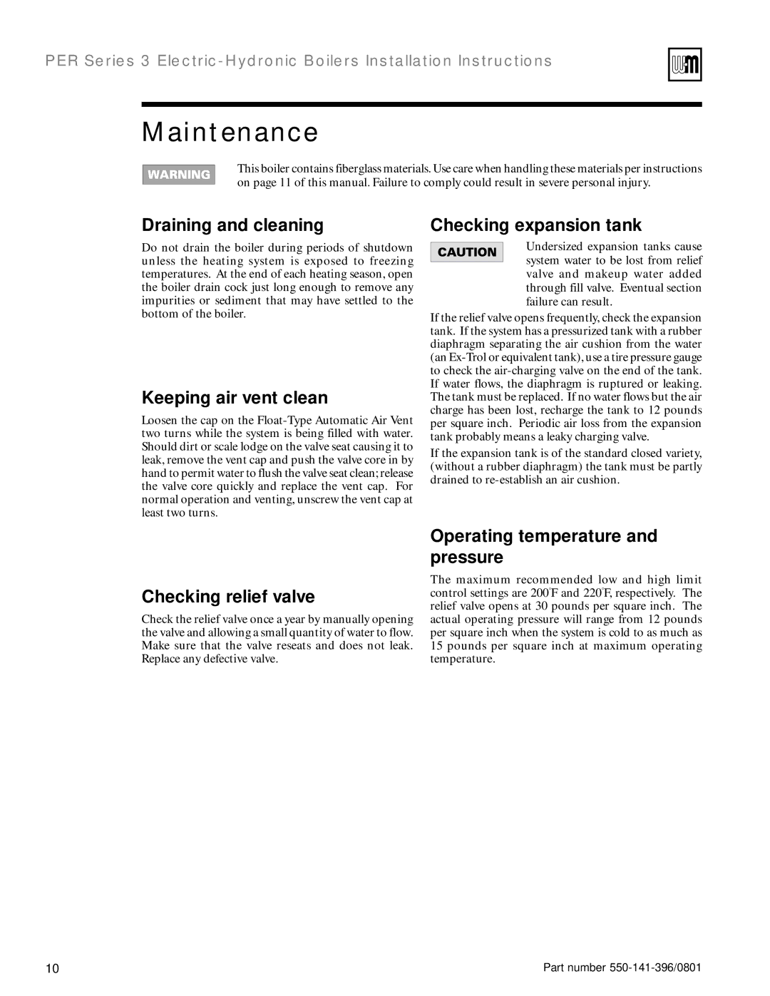 Weil-McLain 550-141-396/0801 installation instructions Maintenance 