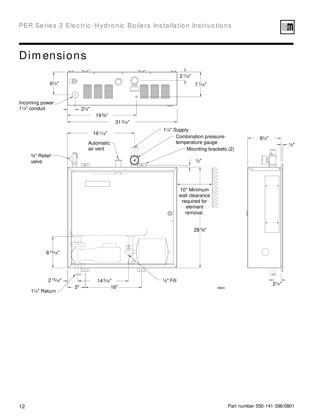 Weil-McLain 550-141-396/0801 installation instructions Dimensions 