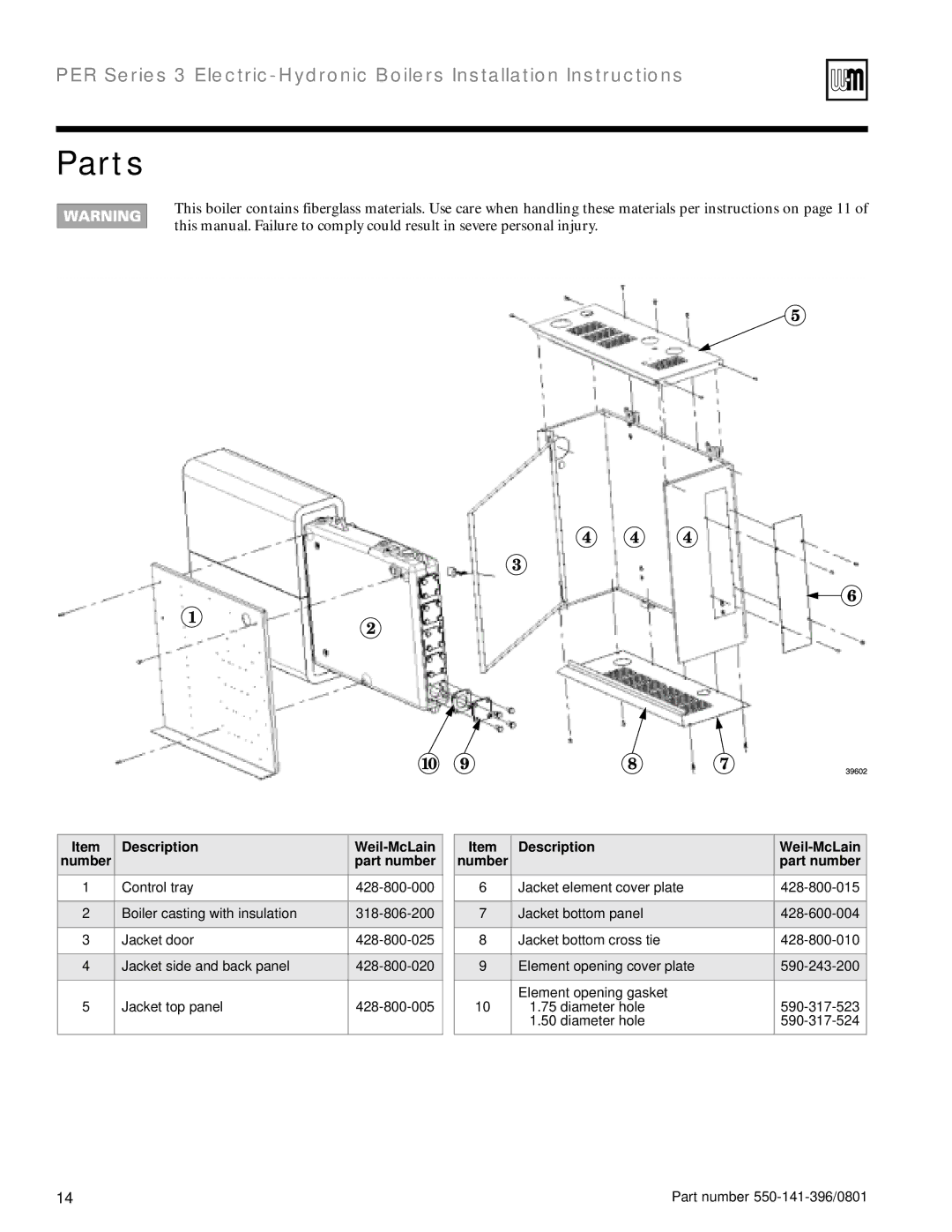 Weil-McLain 550-141-396/0801 installation instructions Parts, Description Weil-McLain Number Part number 