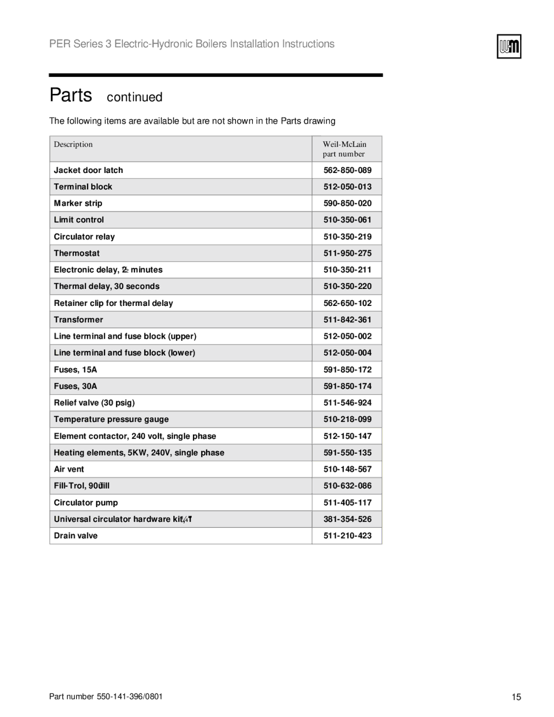 Weil-McLain 550-141-396/0801 installation instructions Parts, Description Weil-McLain Part number 