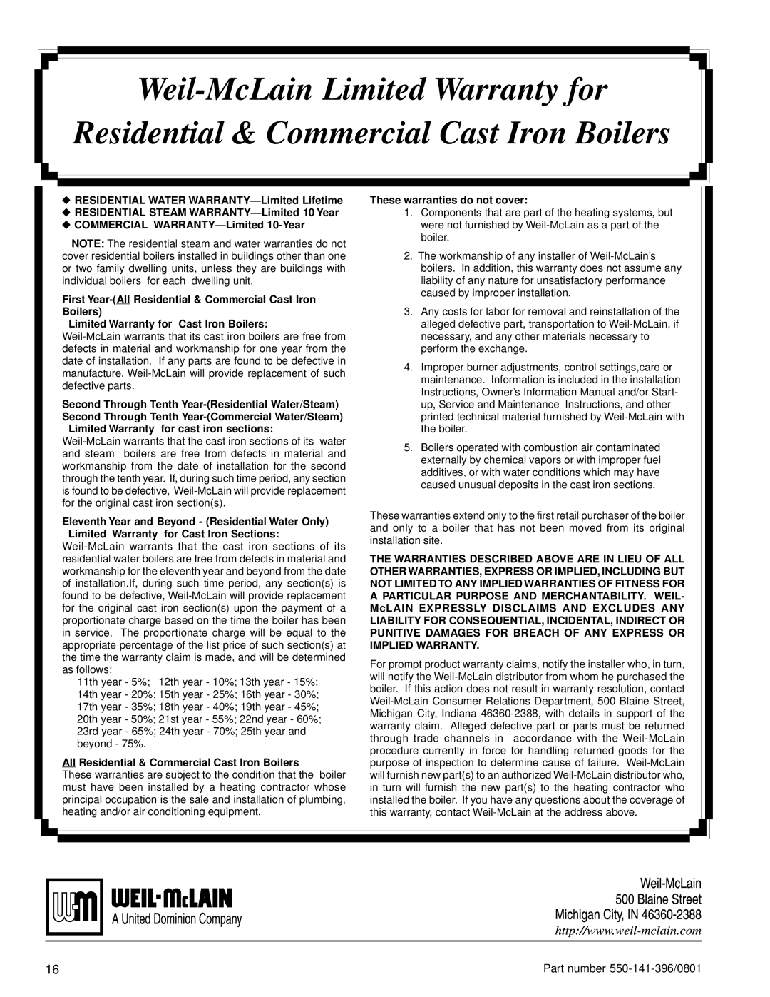 Weil-McLain 550-141-396/0801 installation instructions Limited Warranty for cast iron sections 