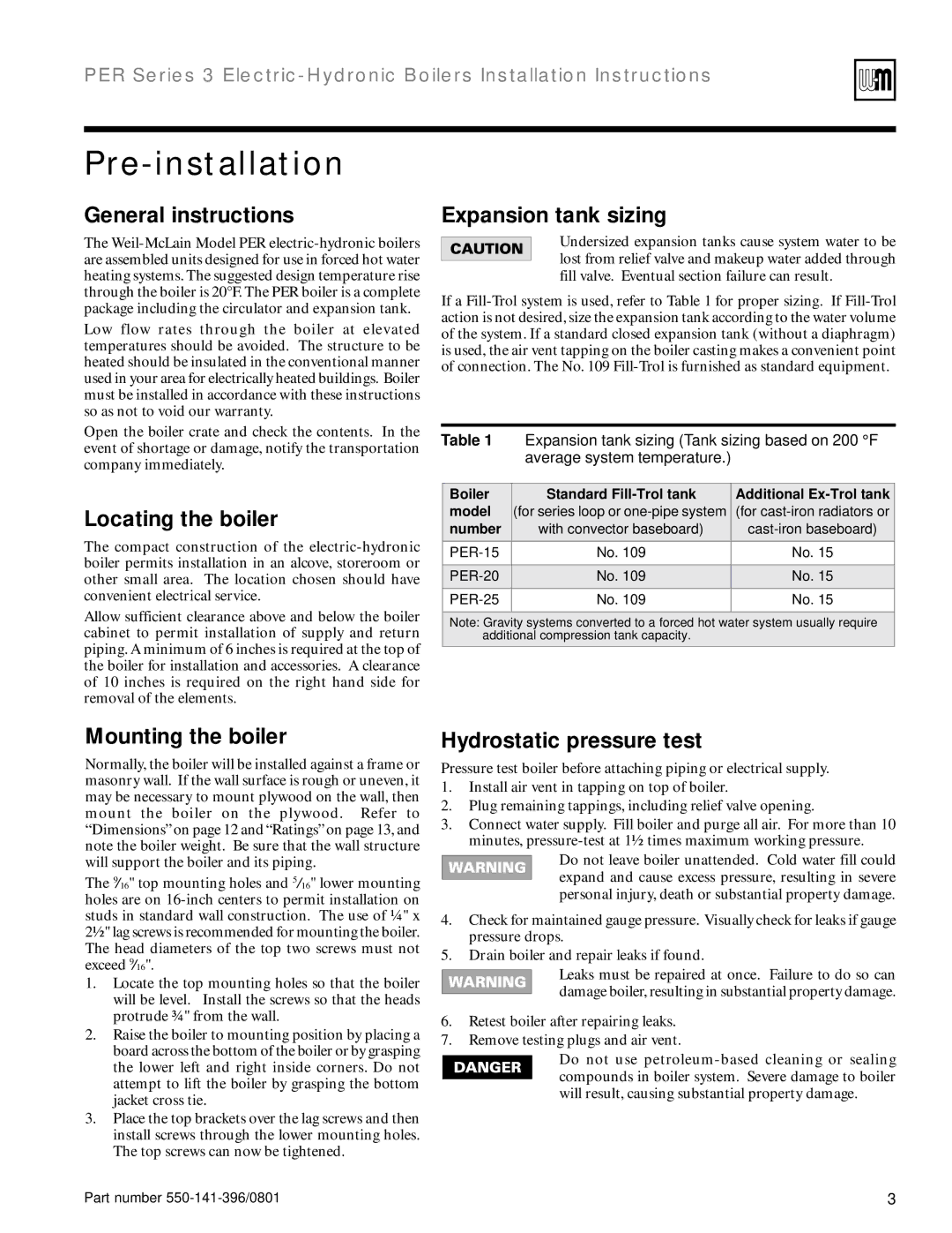 Weil-McLain 550-141-396/0801 installation instructions Pre-installation 