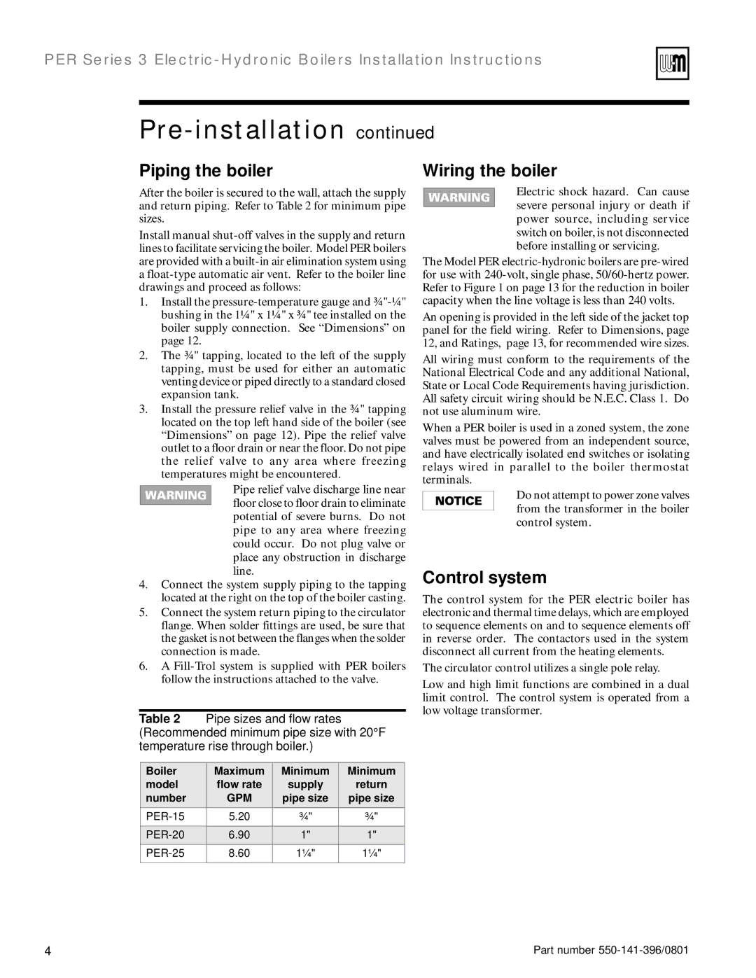 Weil-McLain 550-141-396/0801 installation instructions Piping the boiler, Wiring the boiler, Control system 