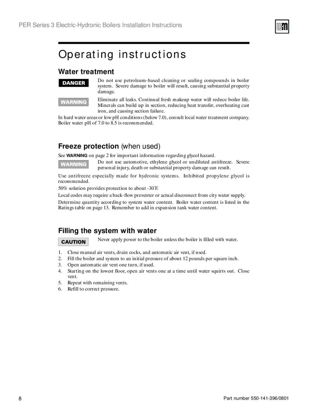 Weil-McLain 550-141-396/0801 installation instructions Operating instructions, Water treatment, Freeze protection when used 