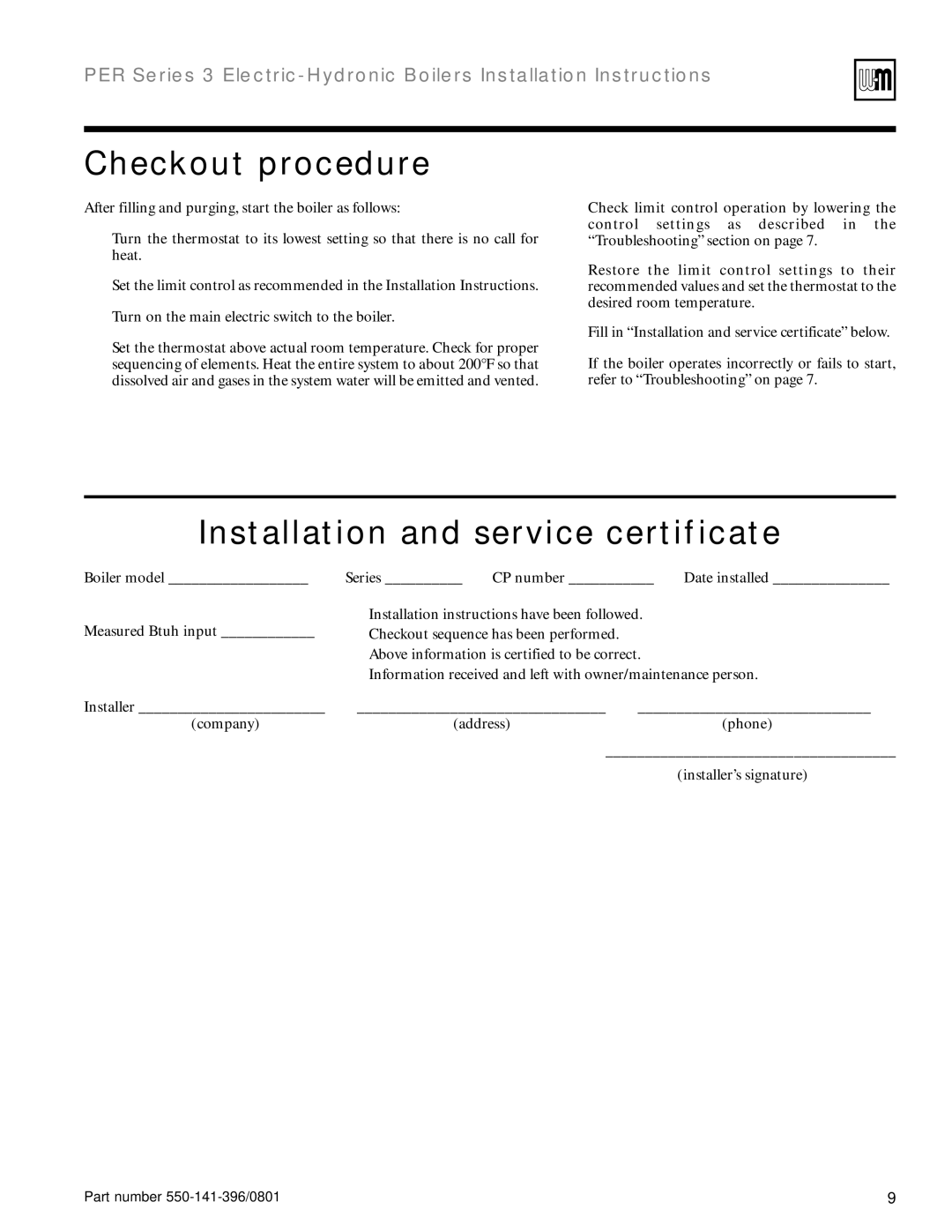 Weil-McLain 550-141-396/0801 installation instructions Checkout procedure, Installation and service certificate 