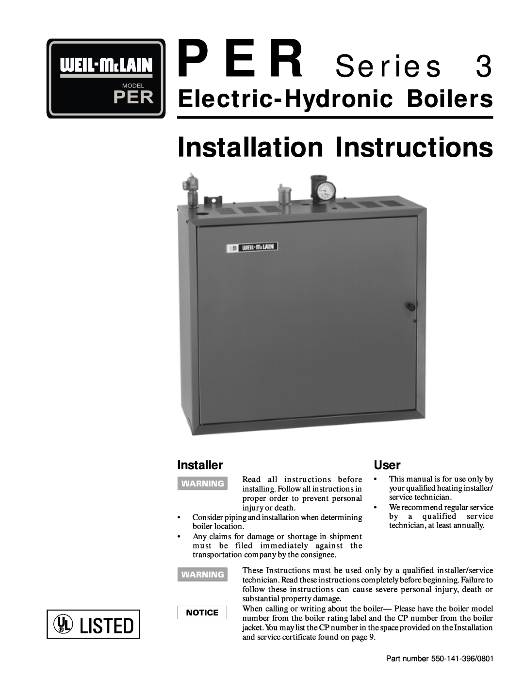 Weil-McLain 550-141-396/0801 installation instructions Installer, User, PER Series, Installation Instructions 