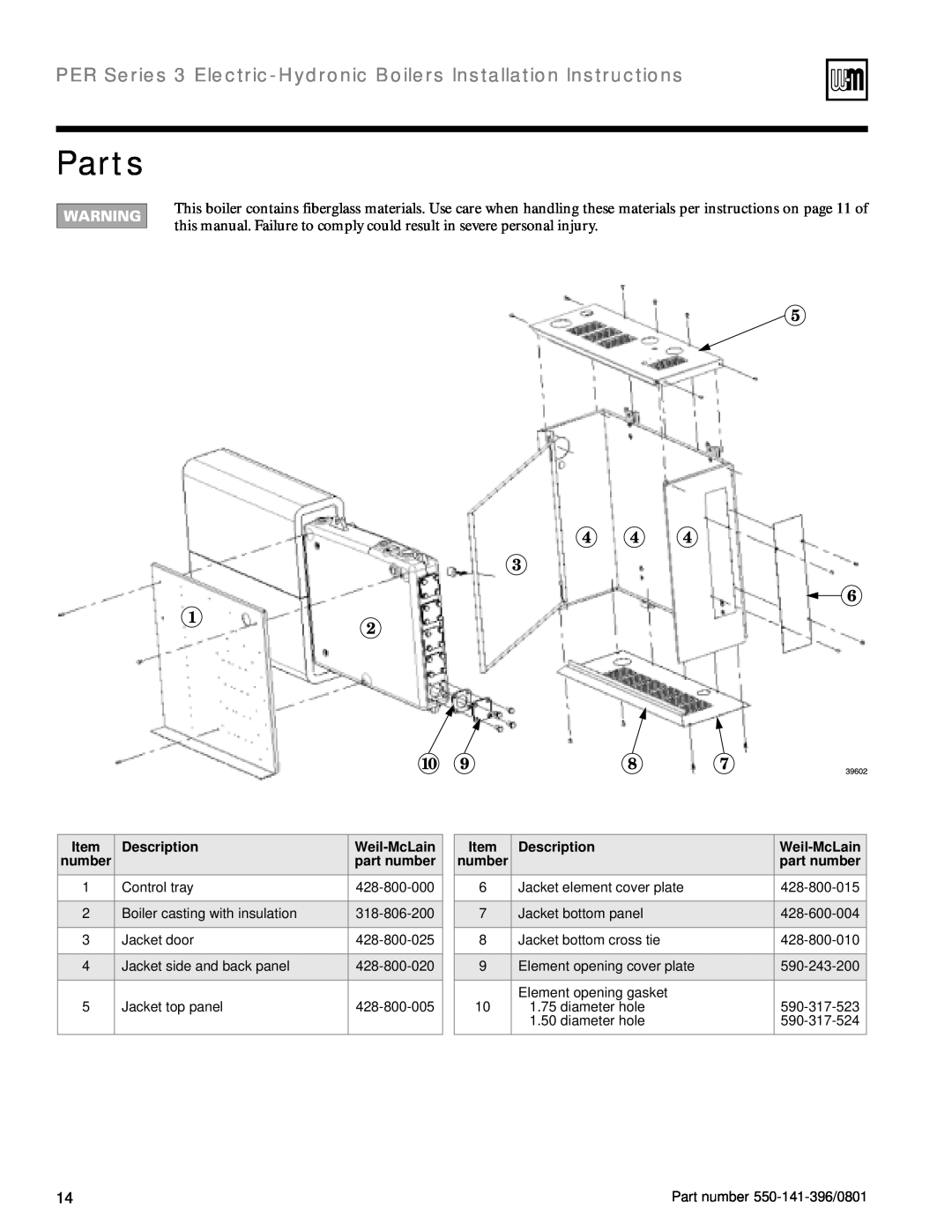 Weil-McLain 550-141-396/0801 installation instructions Parts, Description, Weil-McLain, part number 