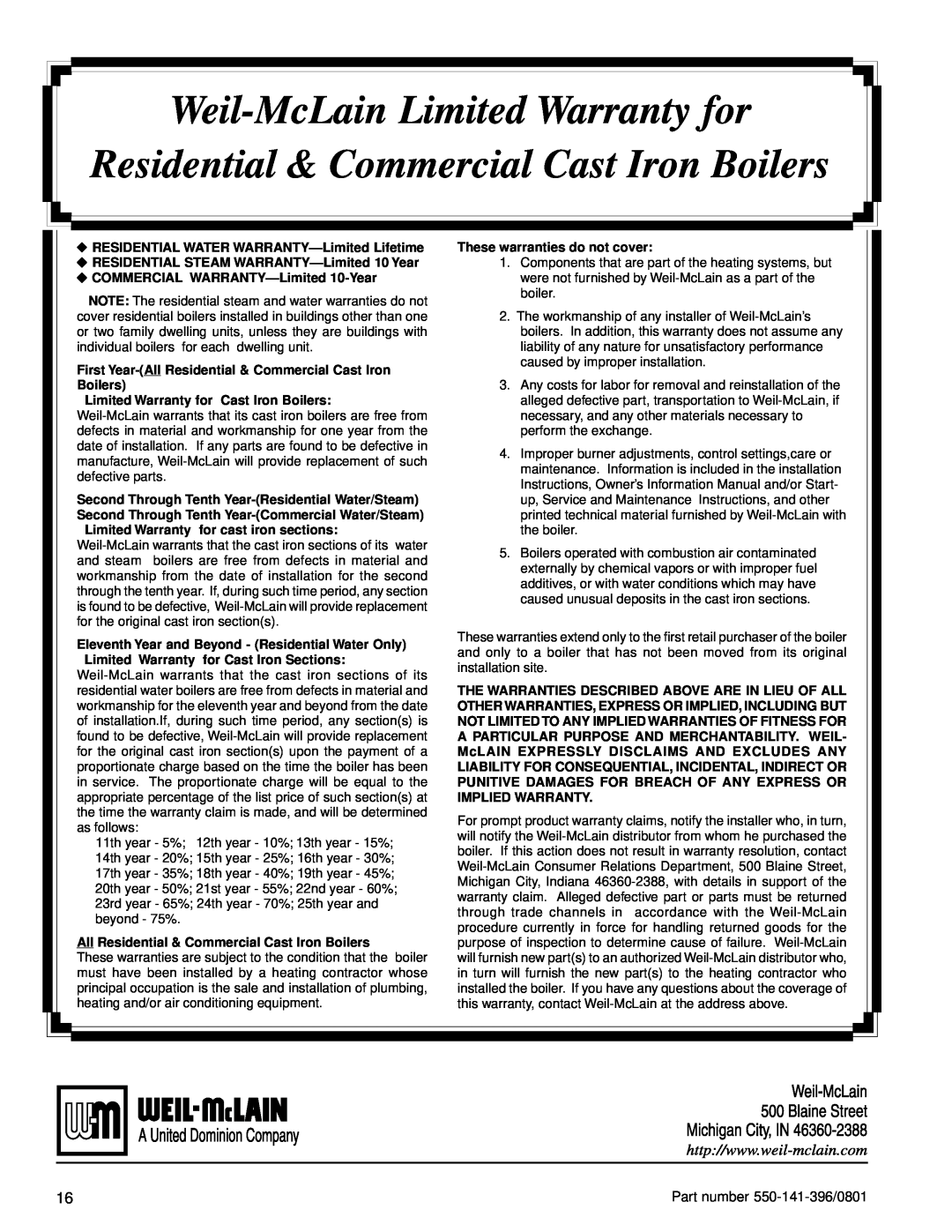 Weil-McLain 550-141-396/0801 Weil-McLainLimited Warranty for, Residential & Commercial Cast Iron Boilers 