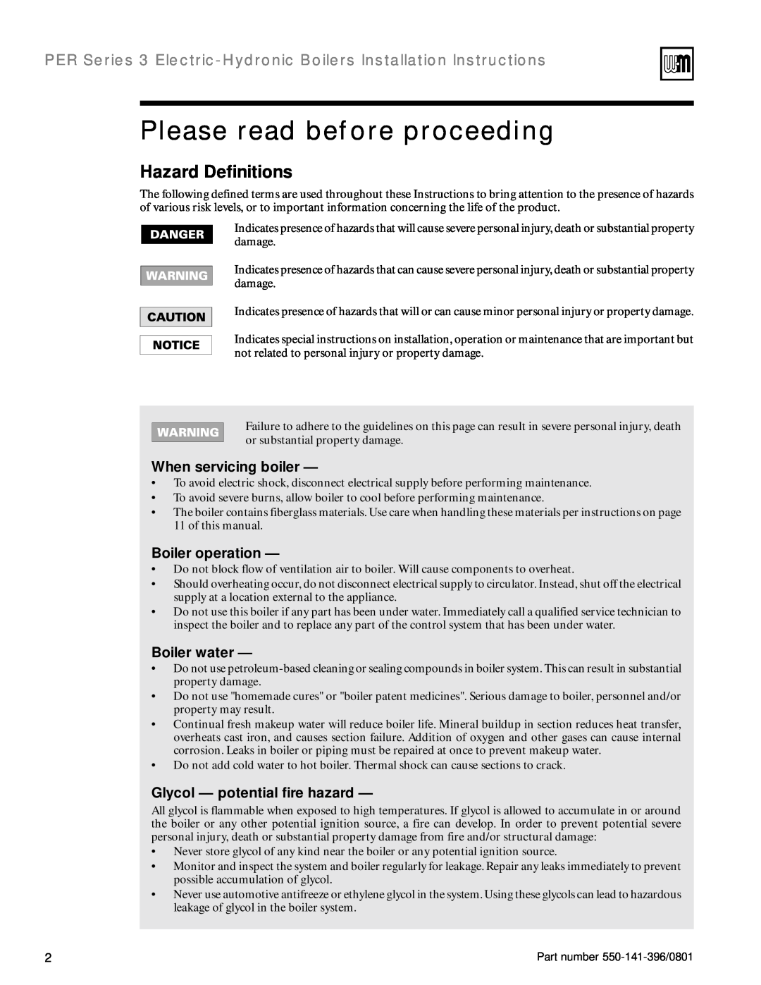 Weil-McLain 550-141-396/0801 Please read before proceeding, Hazard Definitions, When servicing boiler, Boiler operation 