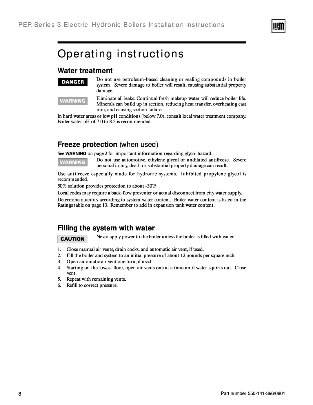 Weil-McLain 550-141-396/0801 installation instructions Operating instructions, Water treatment, Freeze protection when used 
