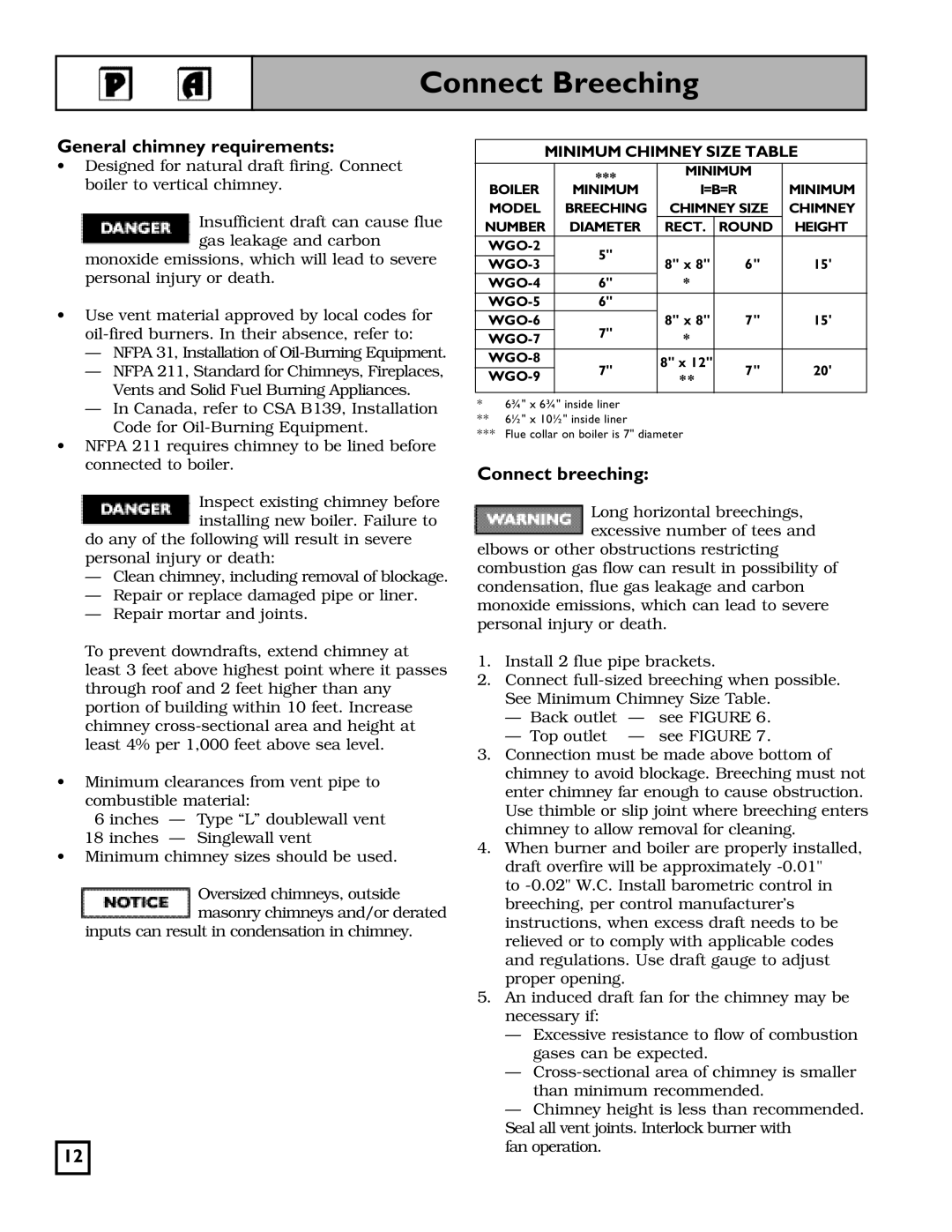 Weil-McLain 550-141-826/1201 manual Connect Breeching, General chimney requirements, Minimum Chimney Size Table 