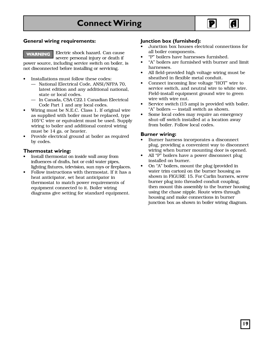 Weil-McLain 550-141-826/1201 manual Connect Wiring, General wiring requirements, Thermostat wiring, Junction box furnished 