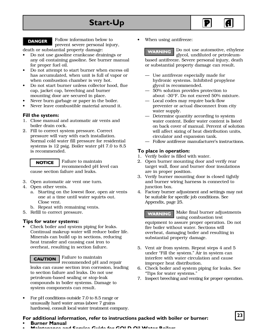 Weil-McLain 550-141-826/1201 manual Start-Up, Fill the system, Tips for water systems, To place in operation 