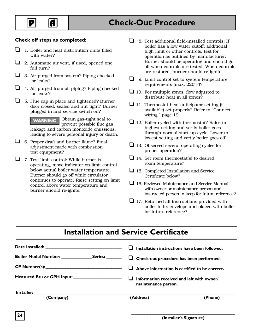 Weil-McLain 550-141-826/1201 manual Check-Out Procedure, Check off steps as completed 