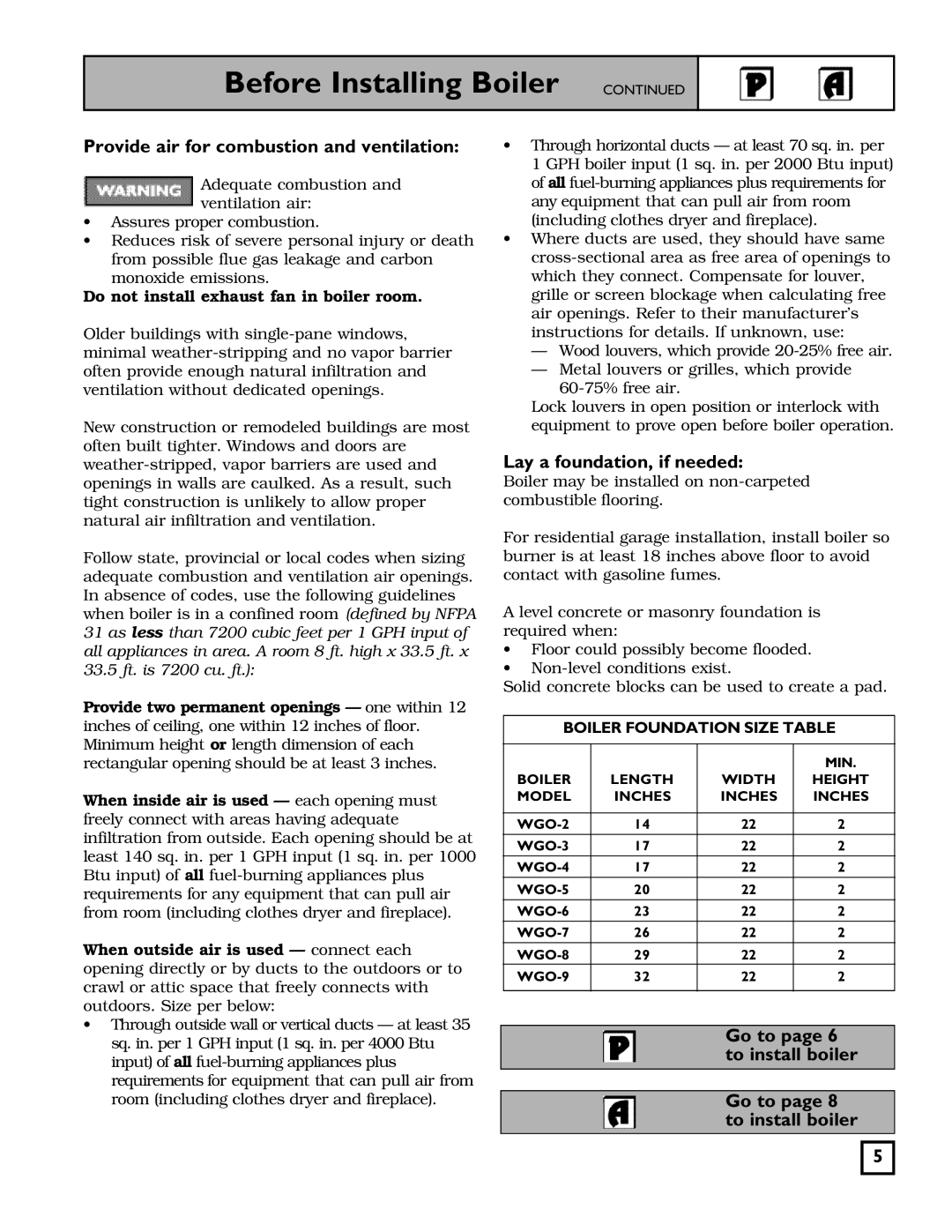 Weil-McLain 550-141-826/1201 manual Provide air for combustion and ventilation, Lay a foundation, if needed 