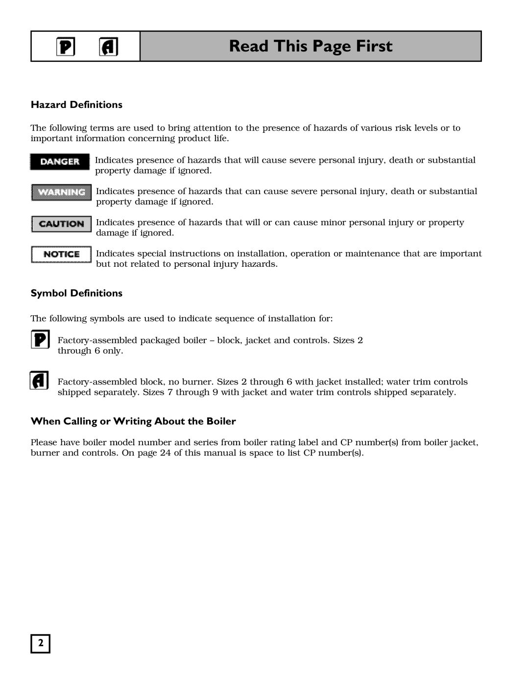 Weil-McLain 550-141-826/1201 manual Read This Page First, Hazard Definitions, Symbol Definitions 