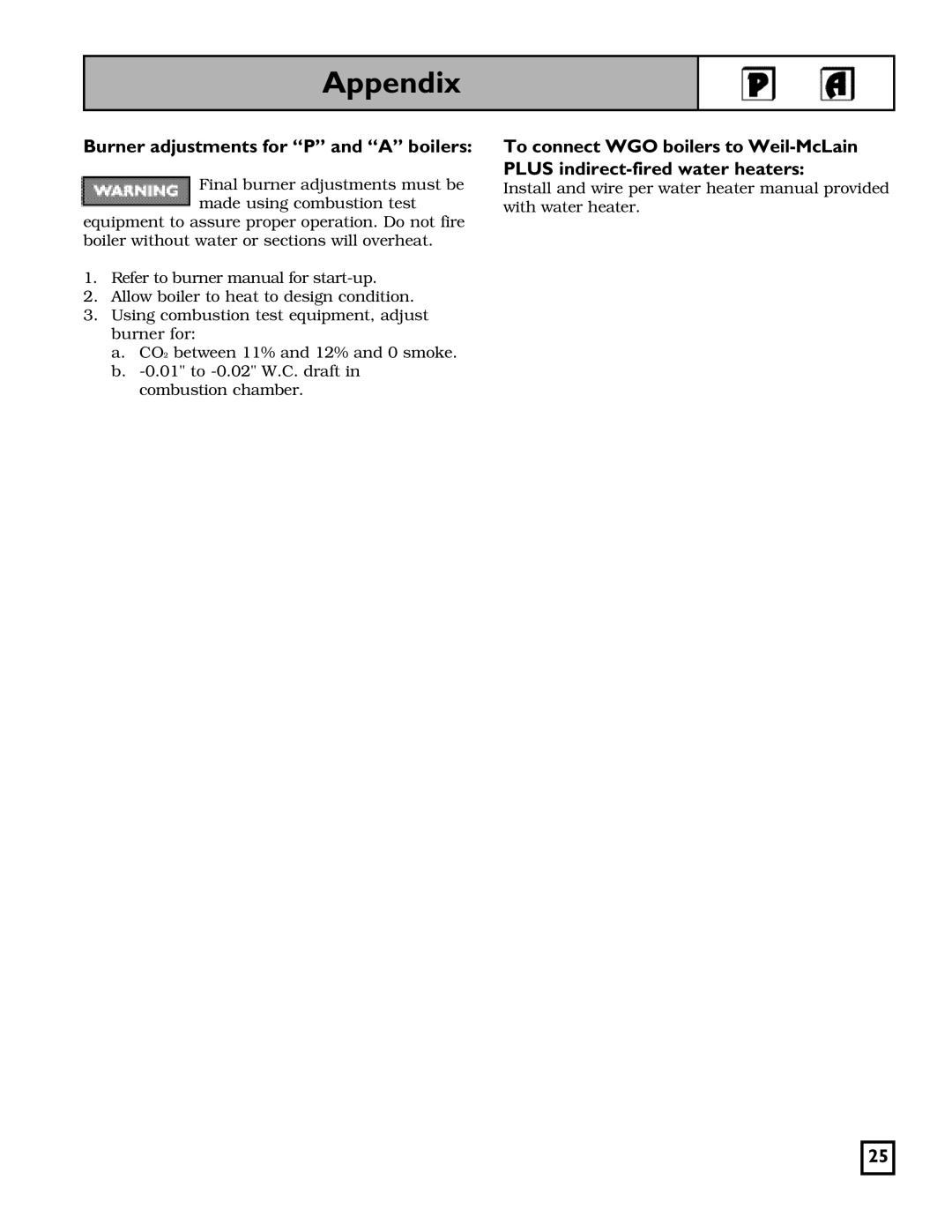 Weil-McLain 550-141-826/1201 manual Appendix, Burner adjustments for “P” and “A” boilers 