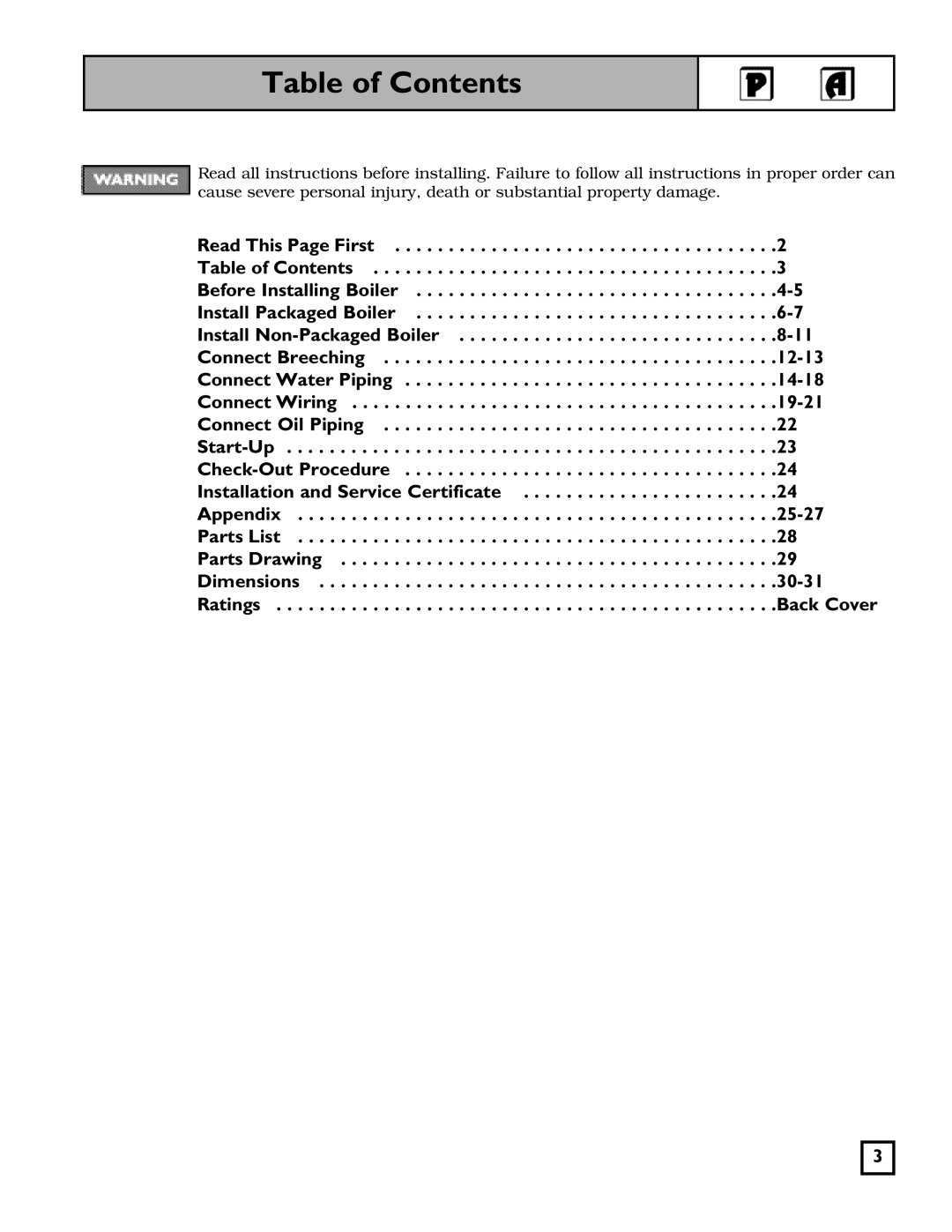 Weil-McLain 550-141-826/1201 Table of Contents, Read This Page First, Before Installing Boiler, Install Packaged Boiler 