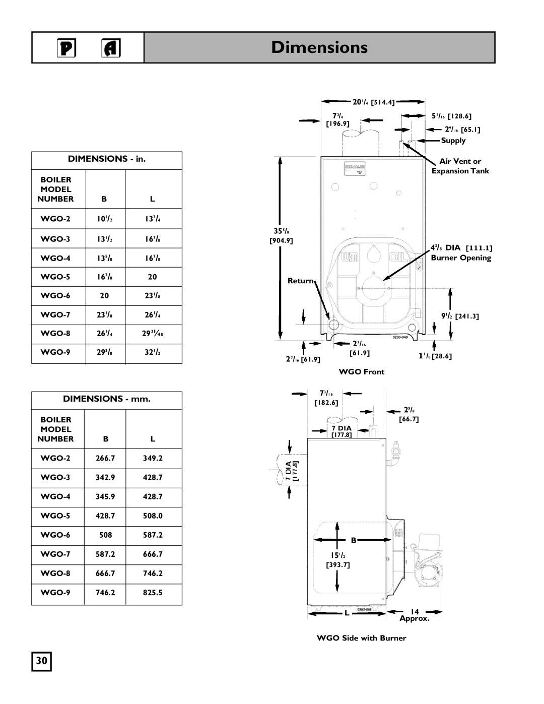 Weil-McLain 550-141-826/1201 manual Dimensions, DIMENSIONS - in, DIMENSIONS - mm 