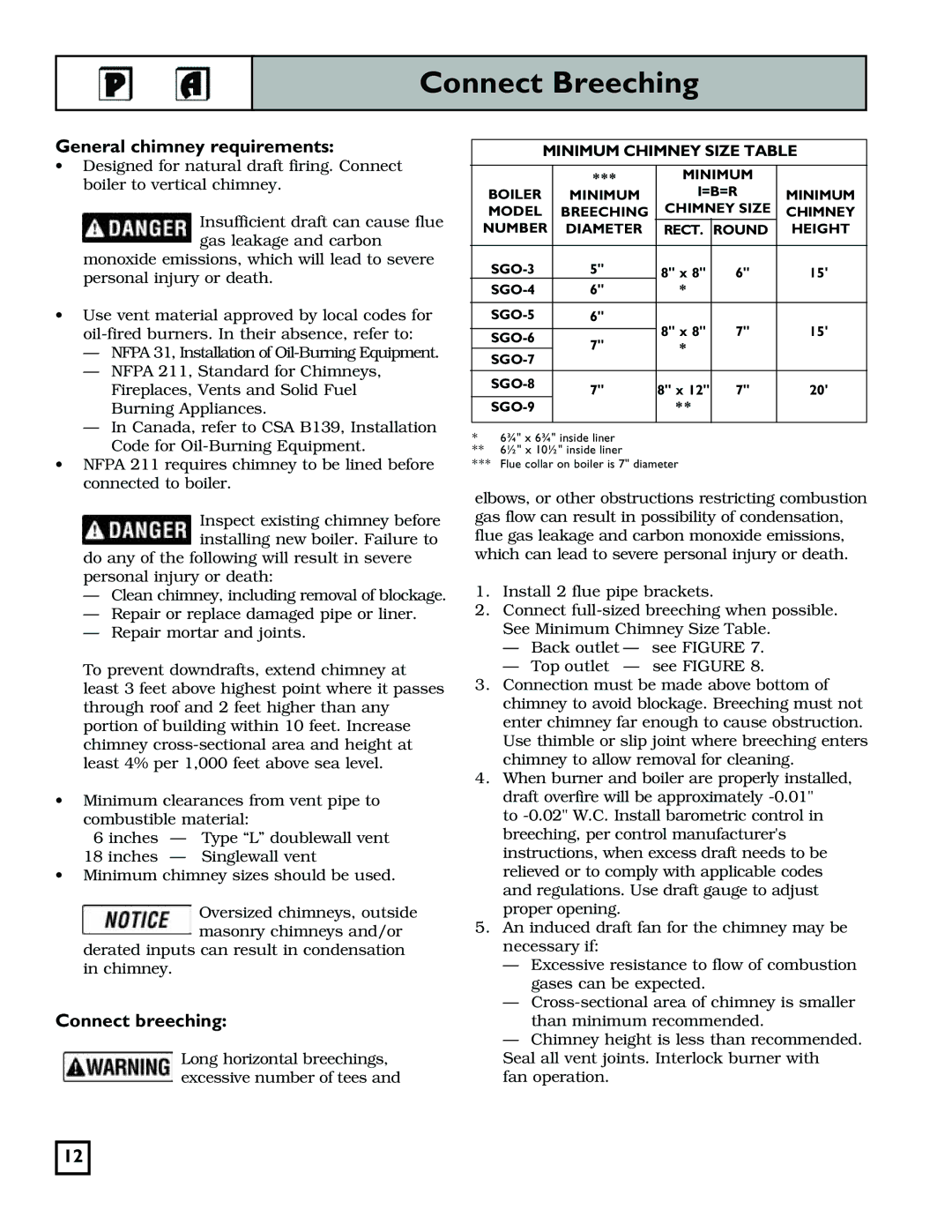 Weil-McLain 550-141-829/1201 manual Connect Breeching, General chimney requirements 