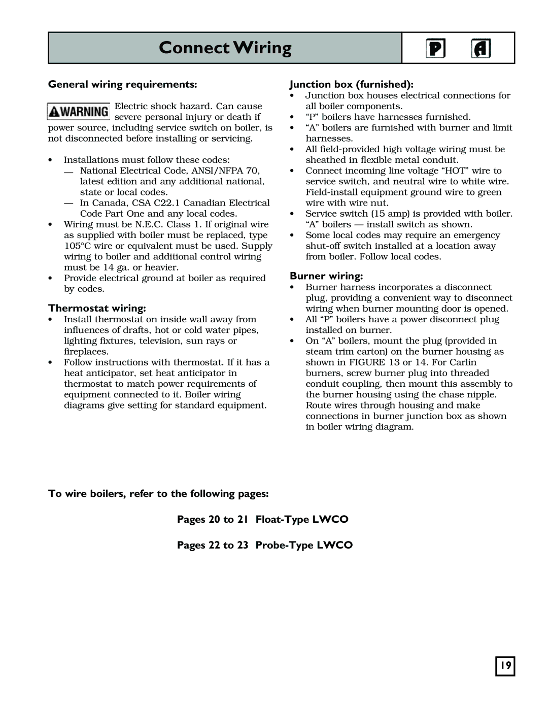 Weil-McLain 550-141-829/1201 manual Connect Wiring, General wiring requirements, Thermostat wiring, Junction box furnished 