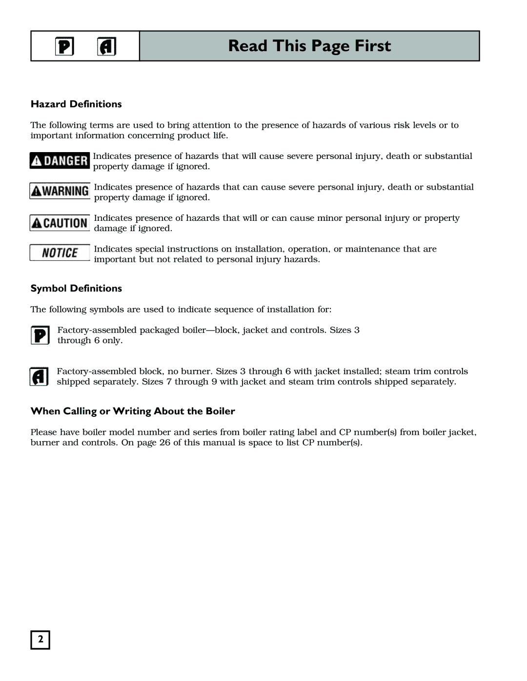 Weil-McLain 550-141-829/1201 manual Read This Page First, Hazard Definitions, Symbol Definitions 