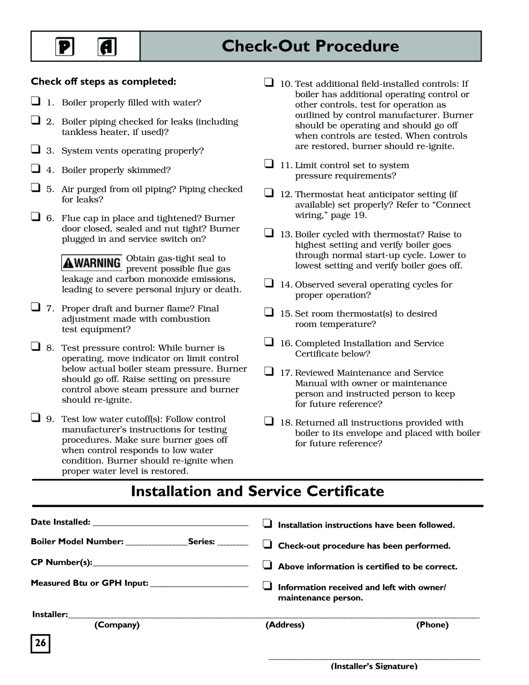 Weil-McLain 550-141-829/1201 manual Check-Out Procedure, Check off steps as completed 