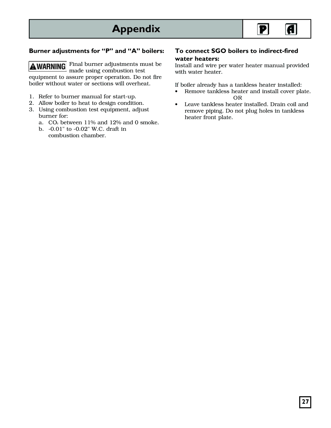 Weil-McLain 550-141-829/1201 manual Appendix, Burner adjustments for P and a boilers 