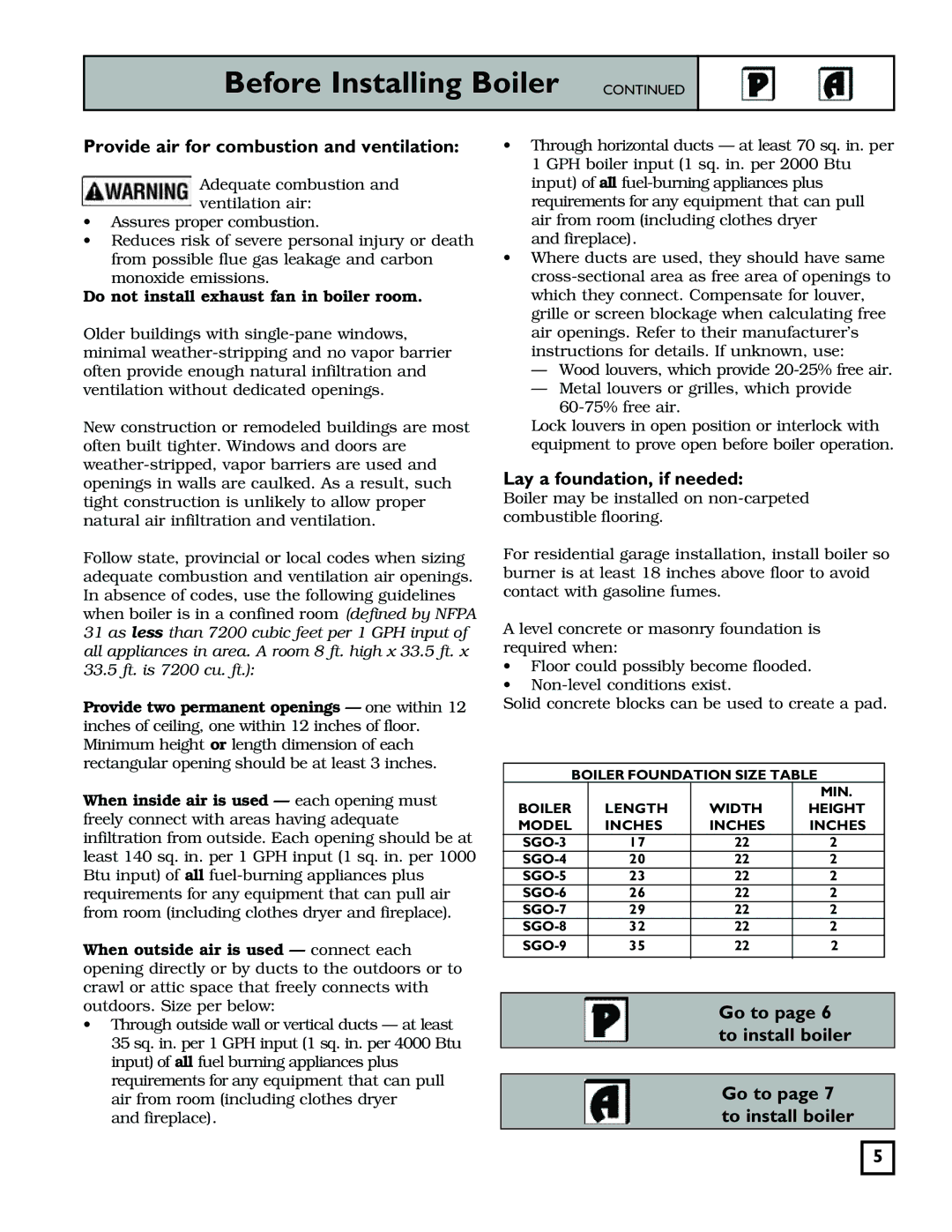 Weil-McLain 550-141-829/1201 manual Provide air for combustion and ventilation, Lay a foundation, if needed 