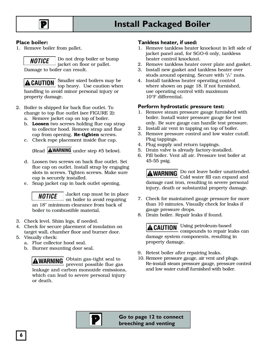 Weil-McLain 550-141-829/1201 manual Install Packaged Boiler, Place boiler, Tankless heater, if used 