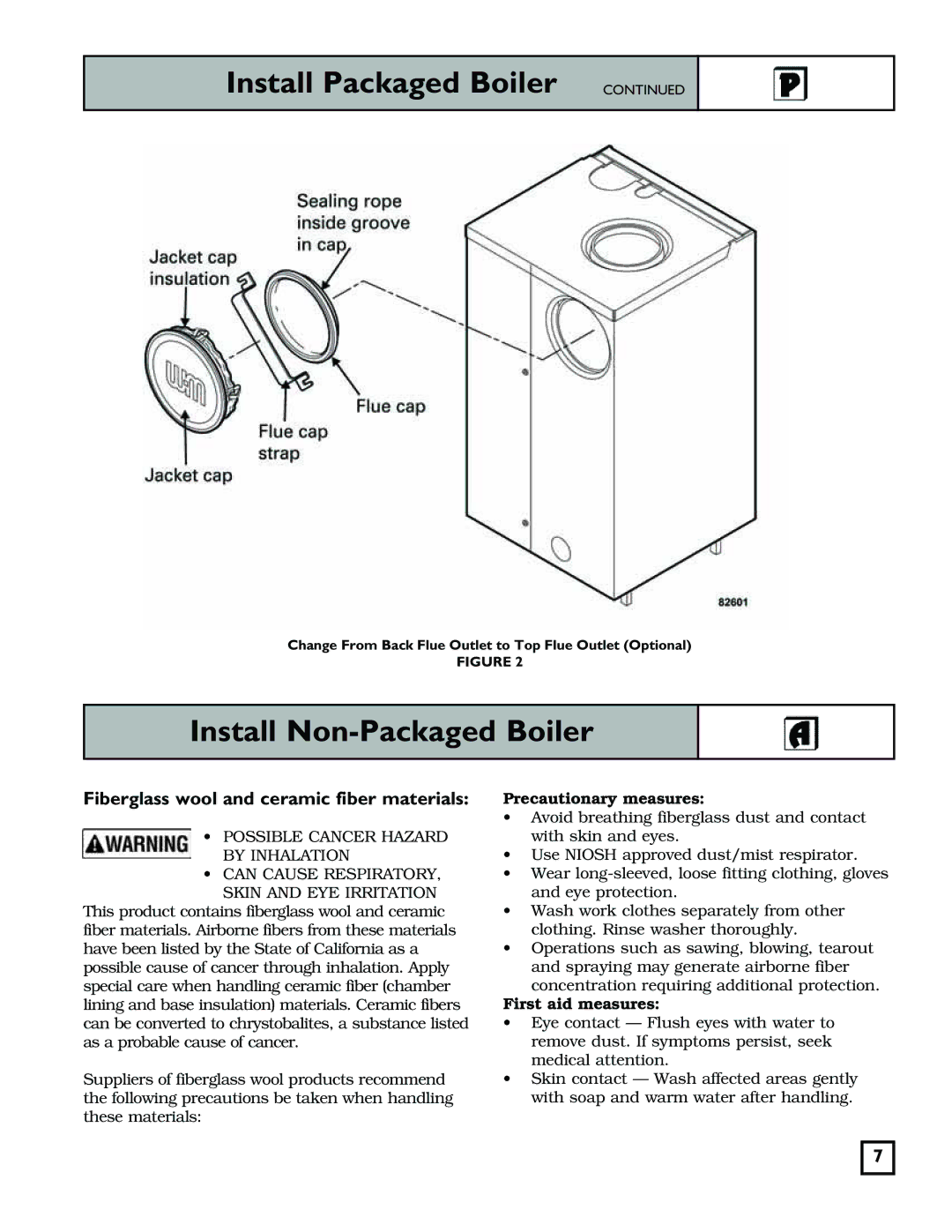 Weil-McLain 550-141-829/1201 manual Install Non-Packaged Boiler, Fiberglass wool and ceramic fiber materials 