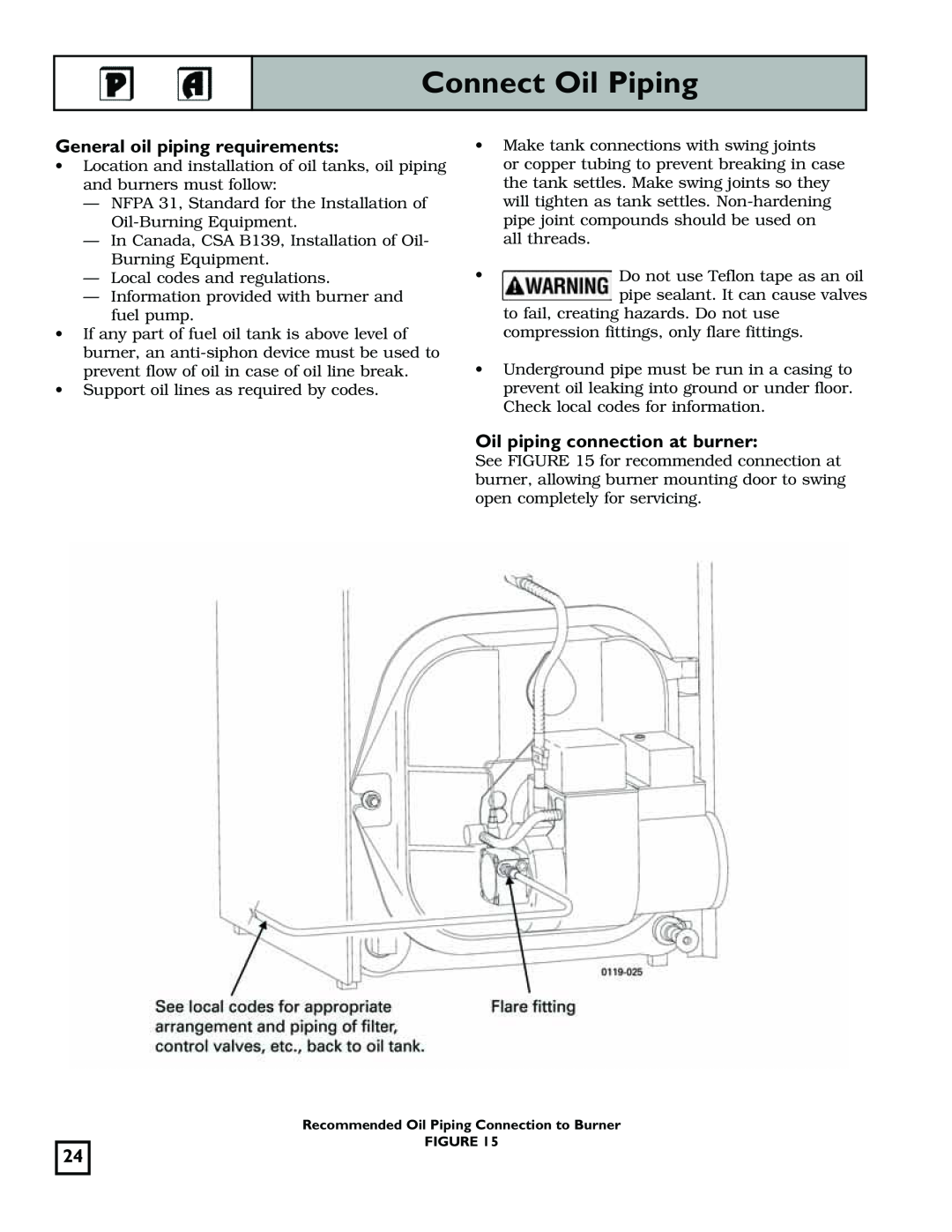 Weil-McLain 550-141-829/1201 manual Connect Oil Piping, General oil piping requirements, Oil piping connection at burner 