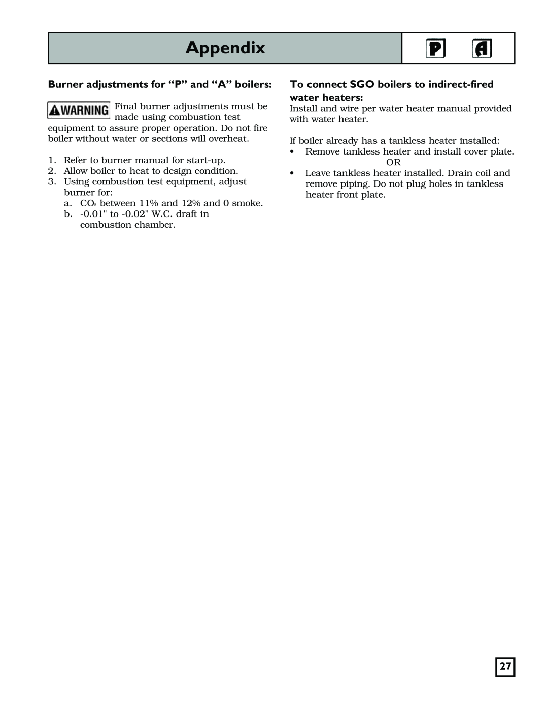 Weil-McLain 550-141-829/1201 manual Appendix, Burner adjustments for “P” and “A” boilers 