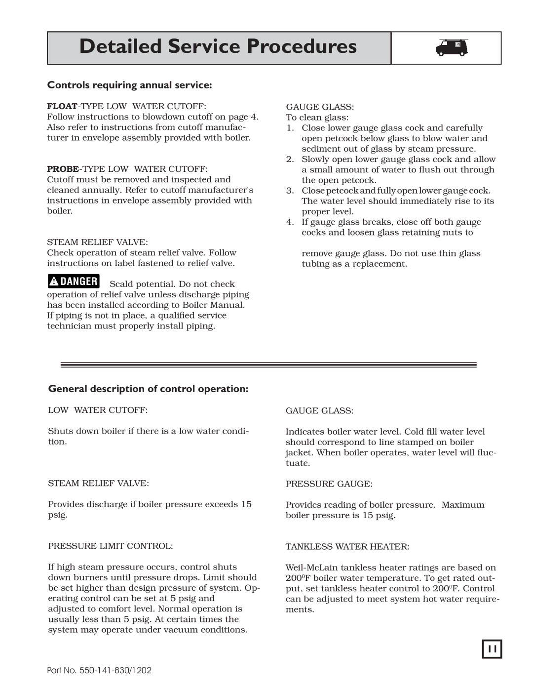 Weil-McLain 550-141-830/1202 manual Controls requiring annual service, General description of control operation 