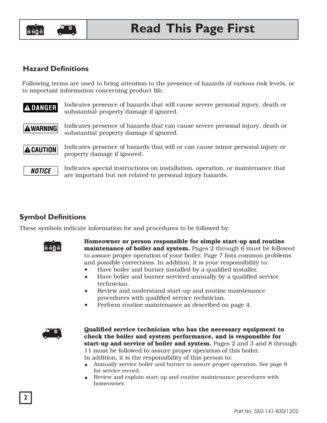 Weil-McLain 550-141-830/1202 manual Read This Page First, Hazard Definitions 