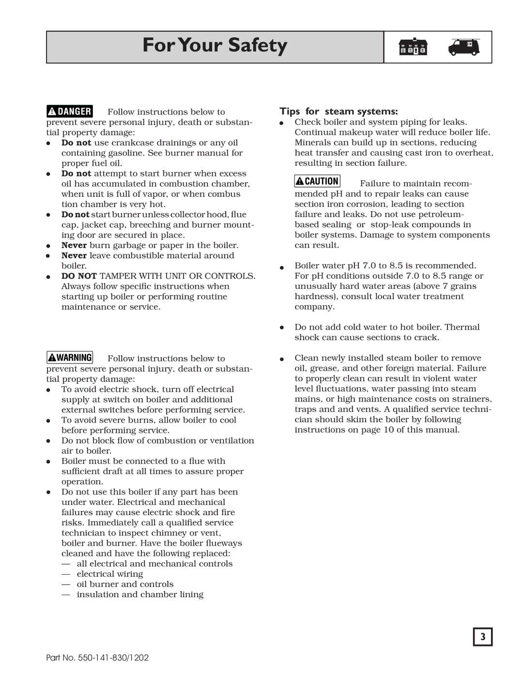 Weil-McLain 550-141-830/1202 manual ForYour Safety, Tips for steam systems 