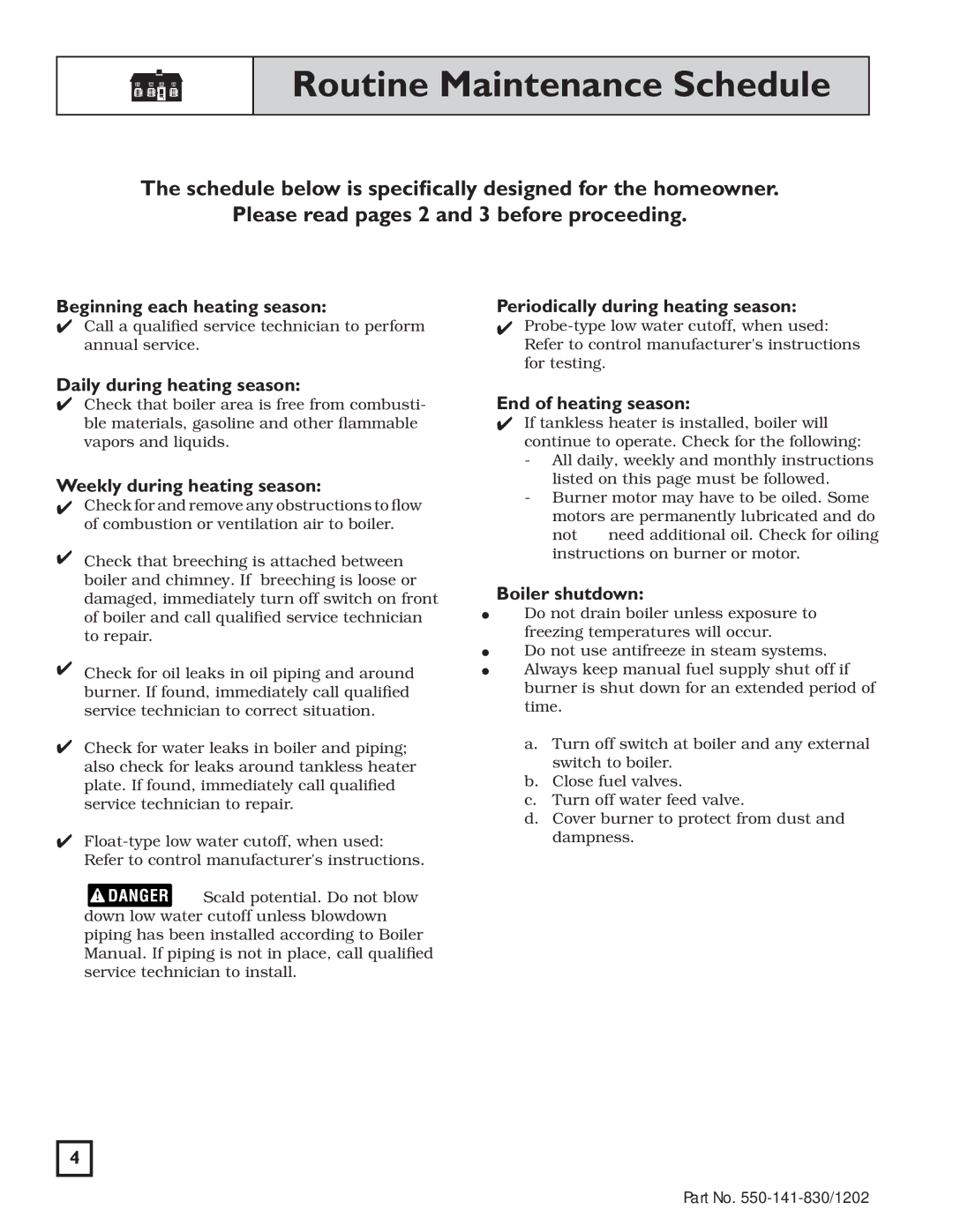 Weil-McLain 550-141-830/1202 manual Routine Maintenance Schedule 