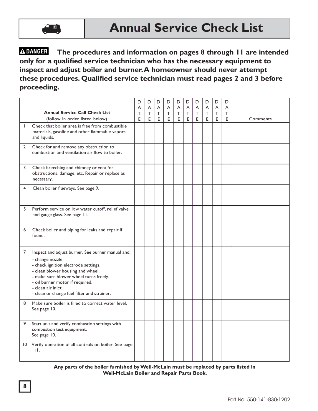 Weil-McLain 550-141-830/1202 manual Annual Service Check List 