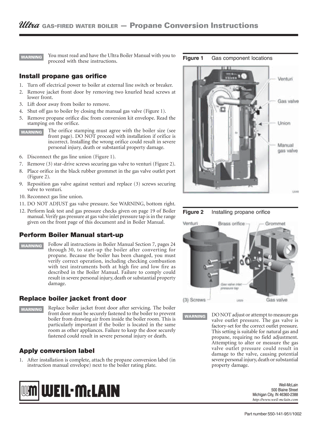 Weil-McLain 550-141-951/1002 Install propane gas orifice, Perform Boiler Manual start-up, Replace boiler jacket front door 