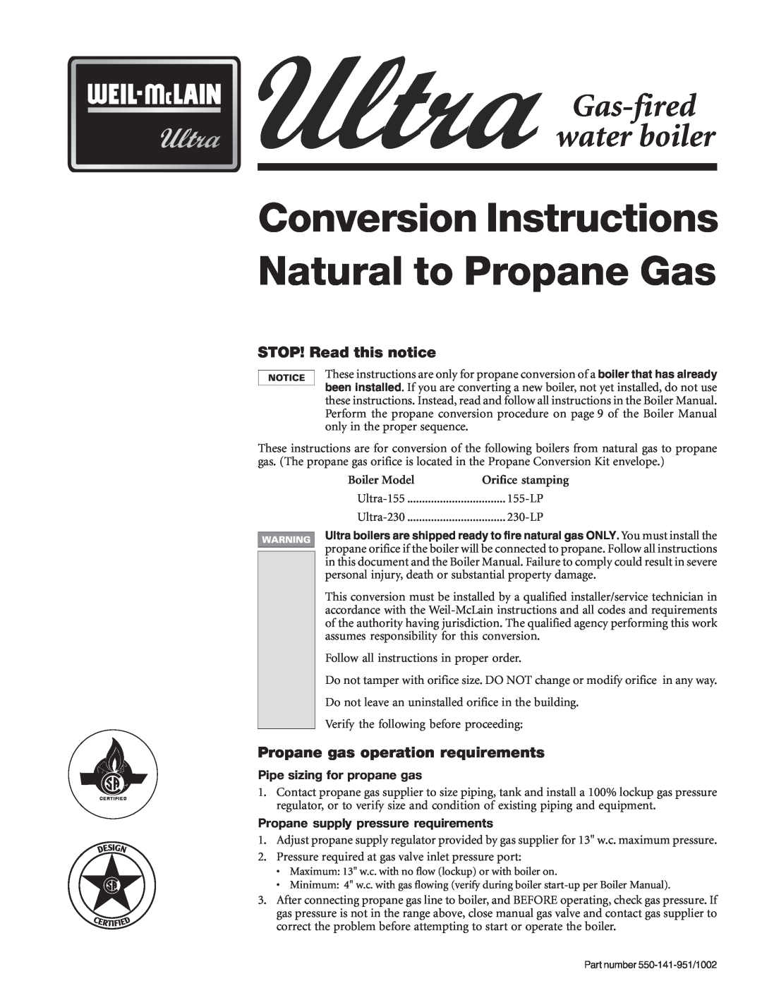 Weil-McLain 550-141-951/1002 manual STOP! Read this notice, Propane gas operation requirements, Gas-firedwater boiler 