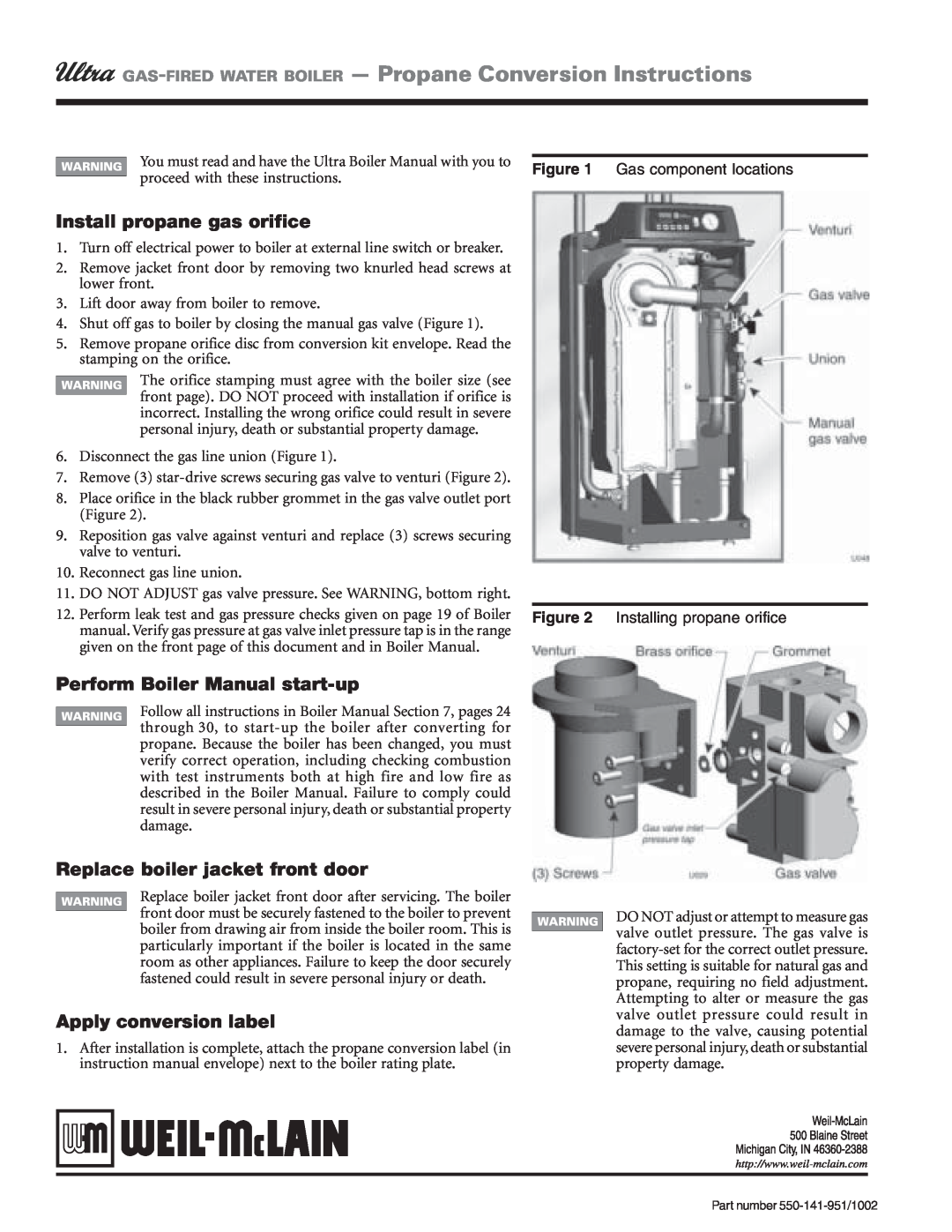 Weil-McLain 550-141-951/1002 Install propane gas orifice, Perform Boiler Manual start-up, Replace boiler jacket front door 