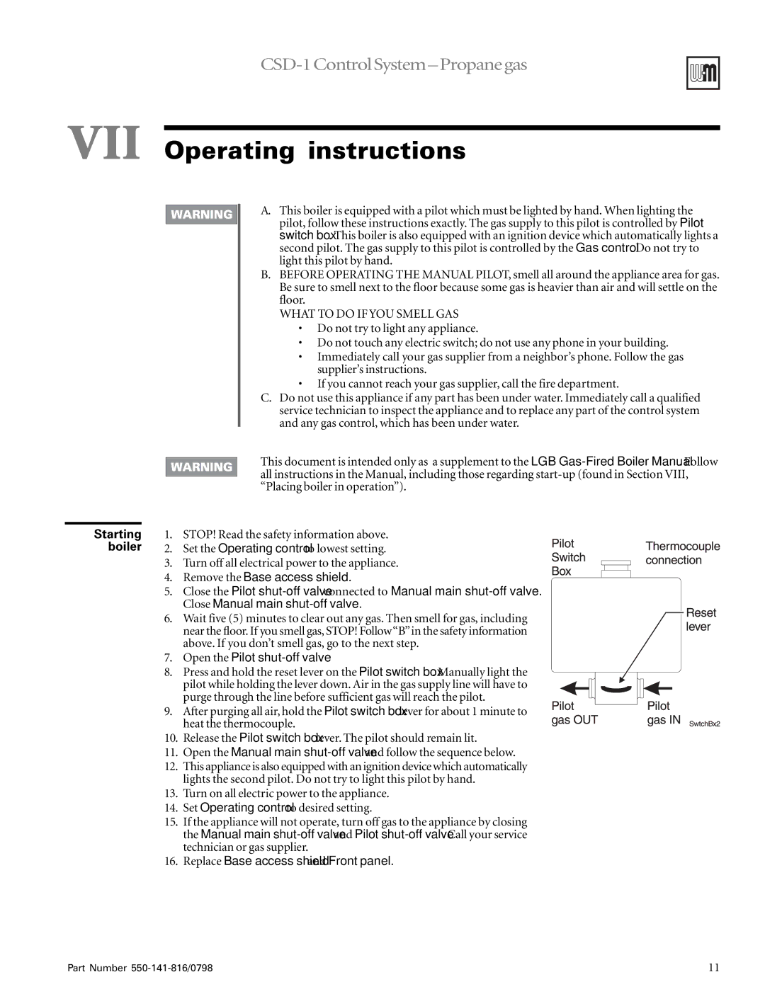 Weil-McLain 6-20 Series operating instructions VII Operating instructions, Starting Boiler 