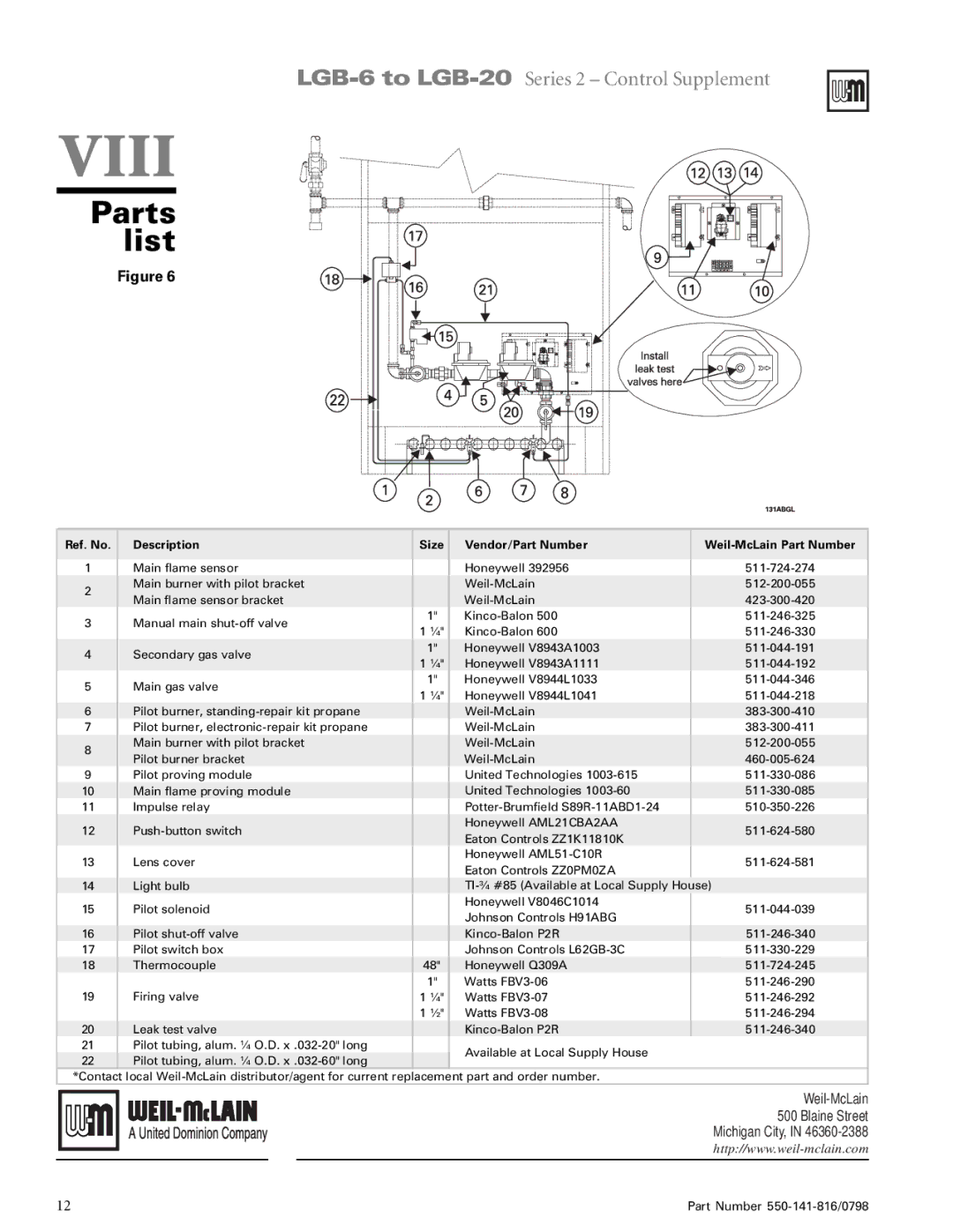 Weil-McLain 6-20 Series operating instructions Viii, Parts List 