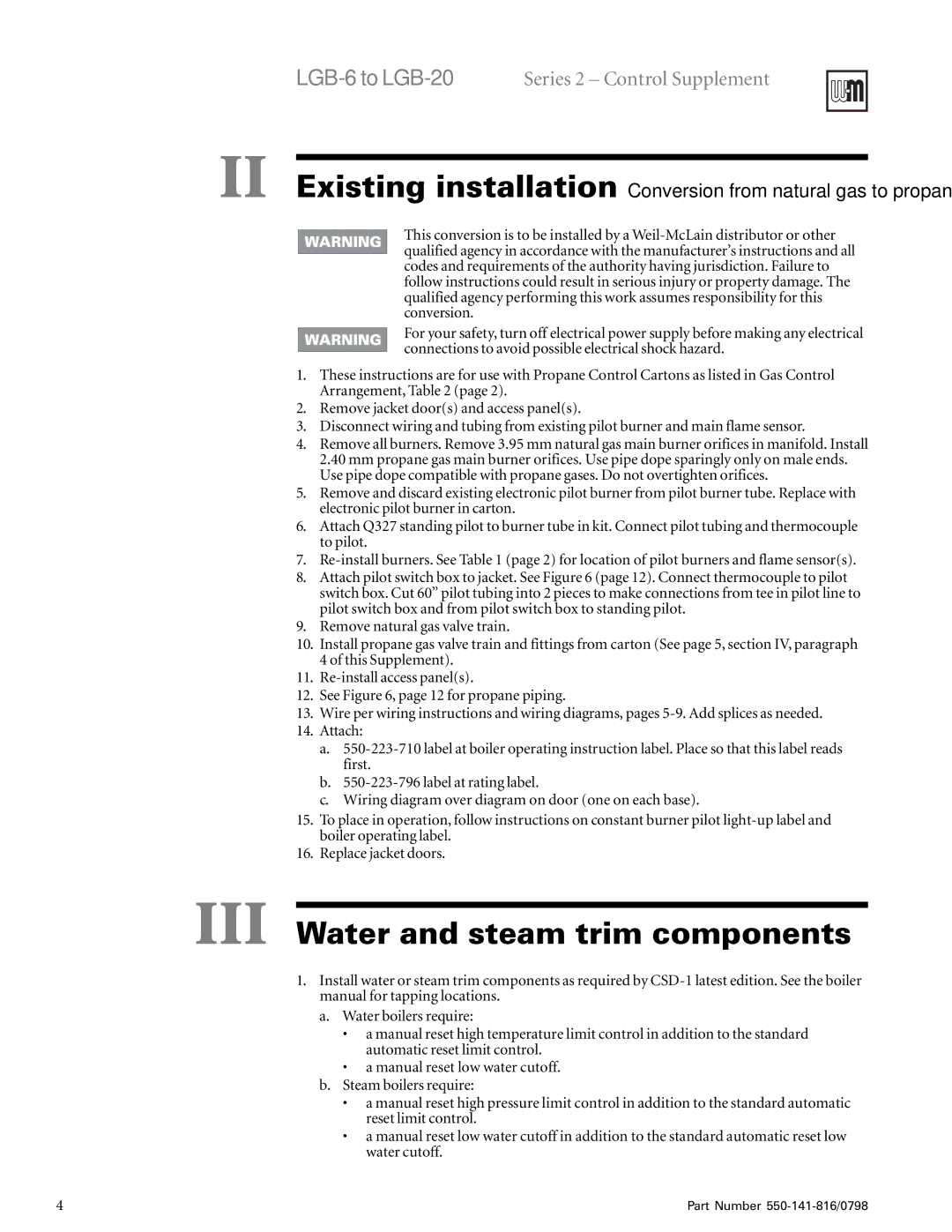 Weil-McLain 6-20 Series operating instructions III Water and steam trim components 