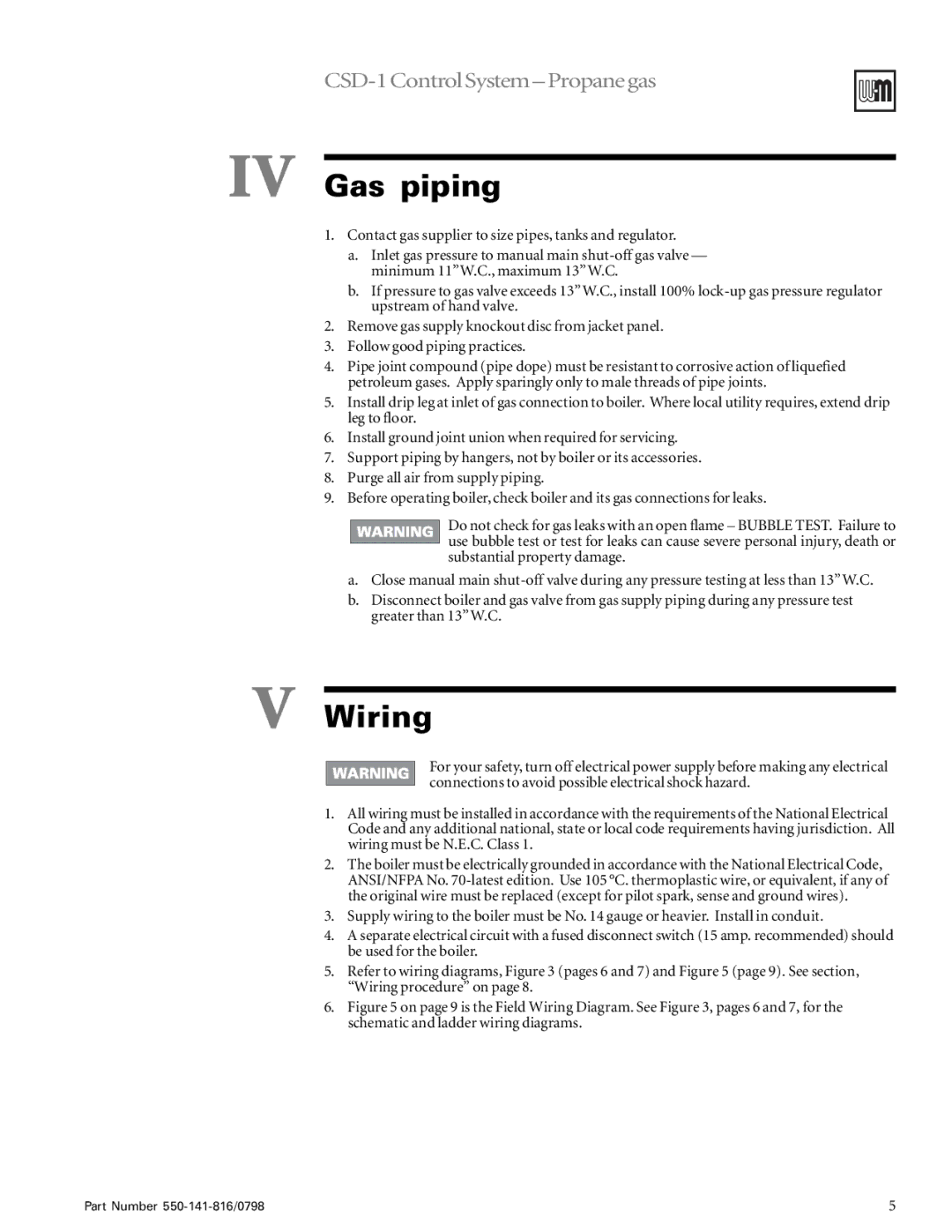 Weil-McLain 6-20 Series operating instructions IV Gas piping, Wiring 