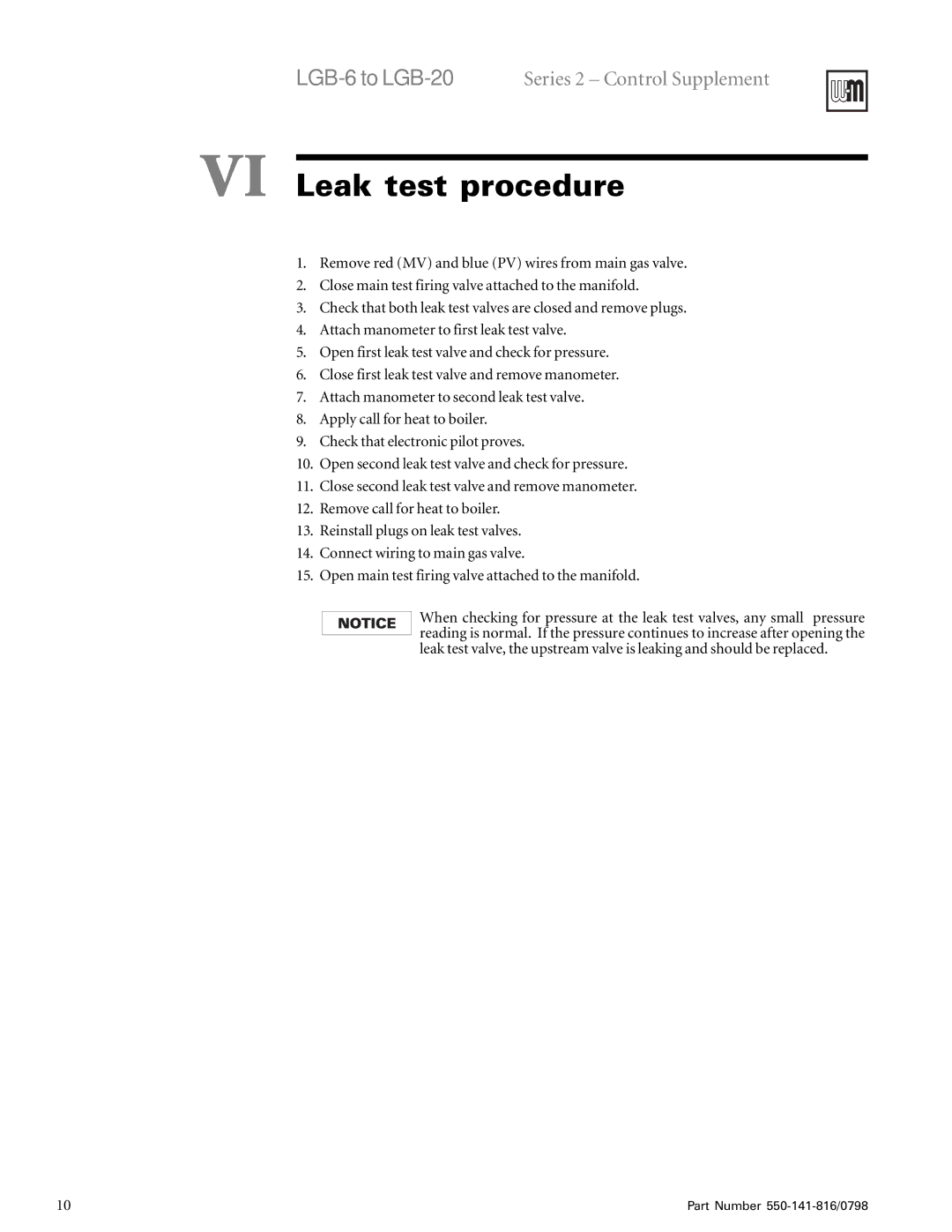 Weil-McLain 6-20 Series operating instructions VI Leak test procedure 