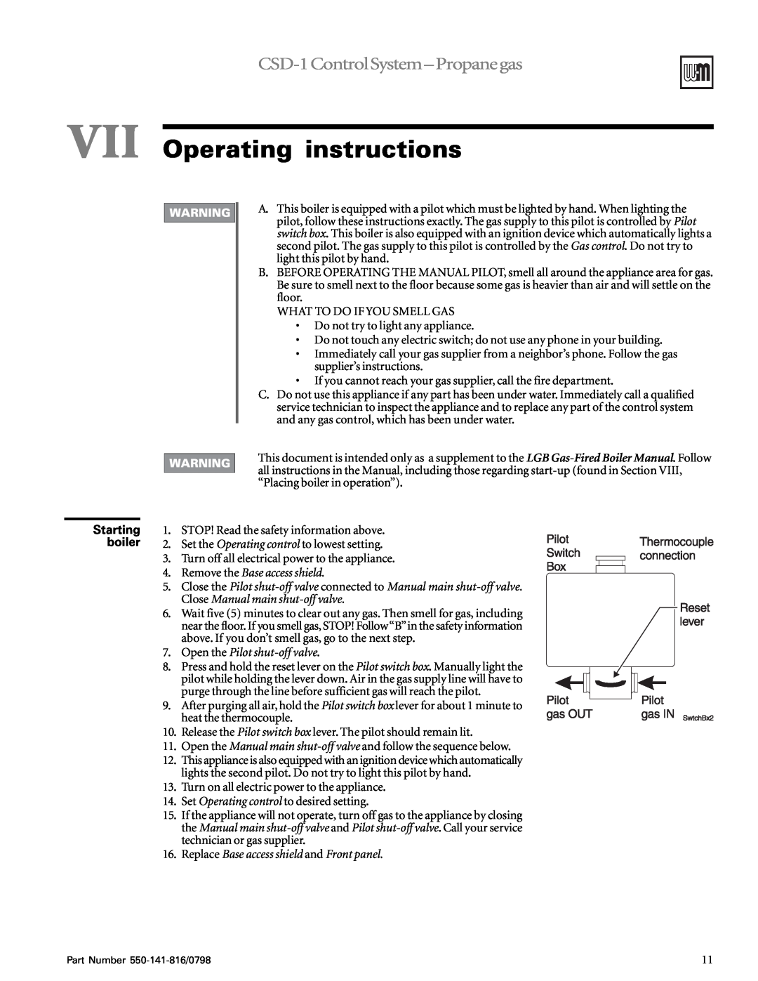 Weil-McLain 6-20 Series operating instructions VII Operating instructions, Starting boiler, CSD-1ControlSystem-Propanegas 