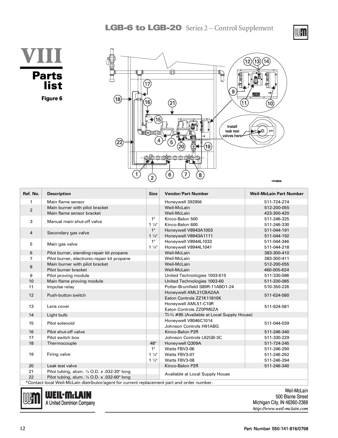 Weil-McLain 6-20 Series Parts list, Weil-McLain 500 Blaine Street Michigan City, IN, Viii, Part Number 550-141-816/0798 