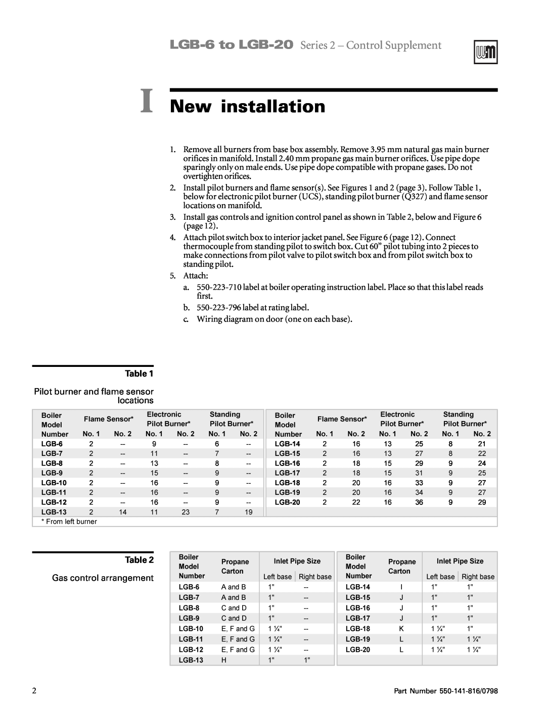 Weil-McLain 6-20 Series I New installation, LGB-6to LGB-20 Series 2 - Control Supplement, 1XPEHU, 3URSDQH, 6WDQGLQJ 
